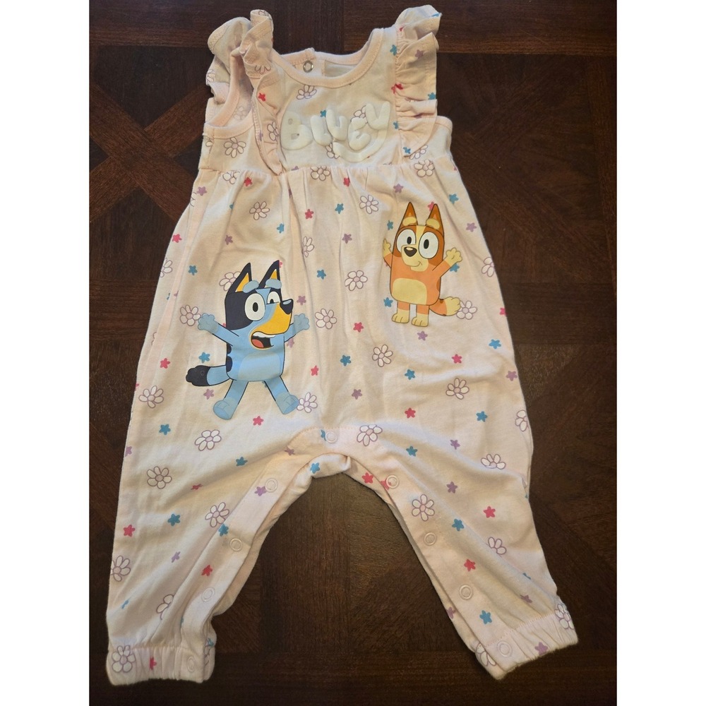 Bluey Bingo Pink Floral‎ Ruffle Romper Jumpsuit Infant Girls Size 3-6M
